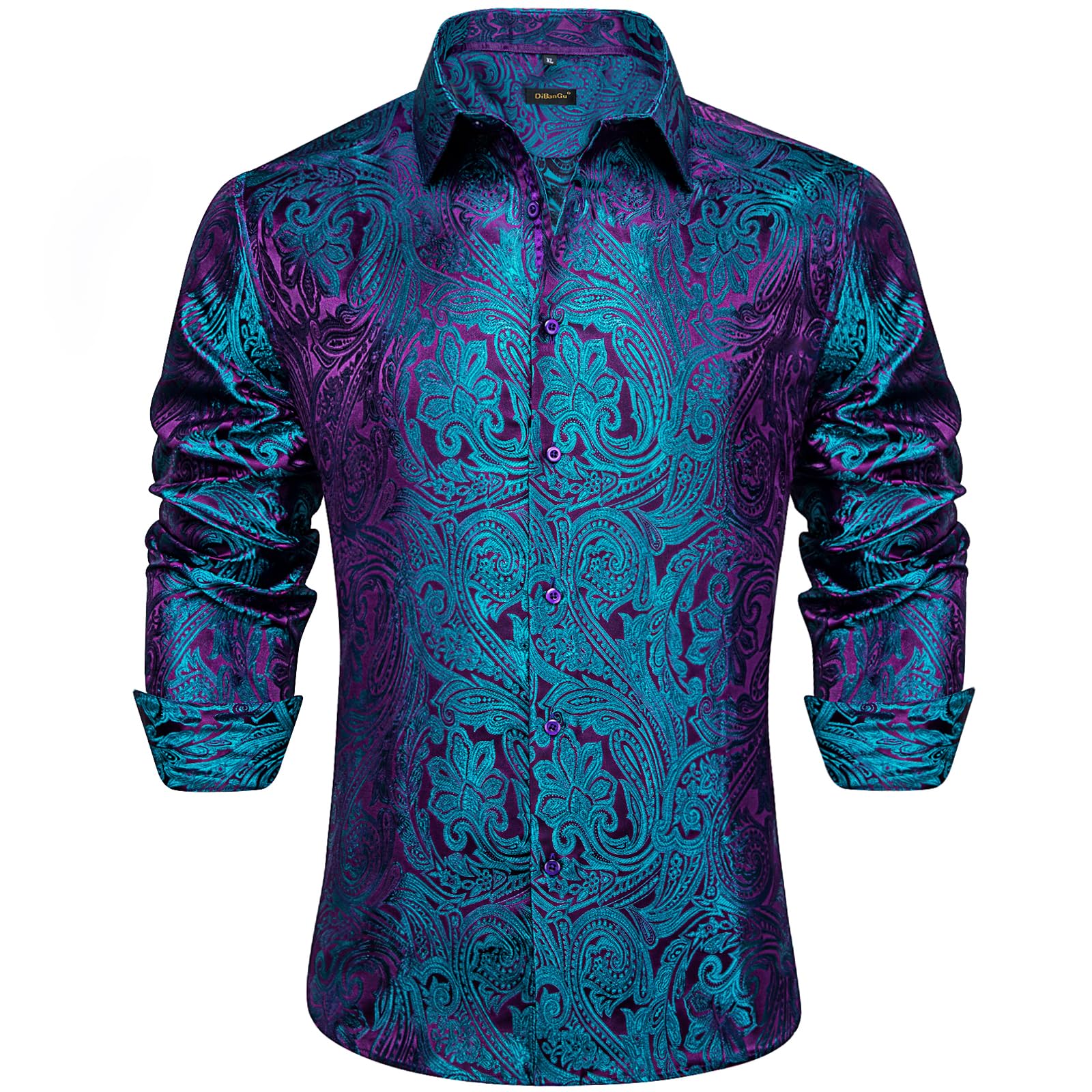 Men's Paisley Dress Shirt Long Sleeve Wrinkle Free Button Down Cowboy Shirts - Purple&teal&paisley