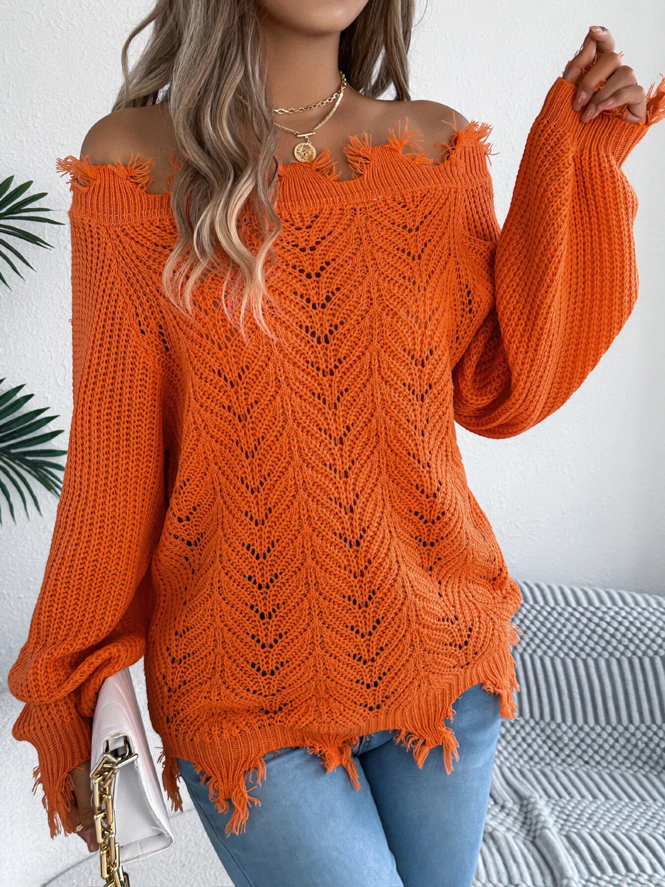Distressed Hem Openwork Off-Shoulder Sweater