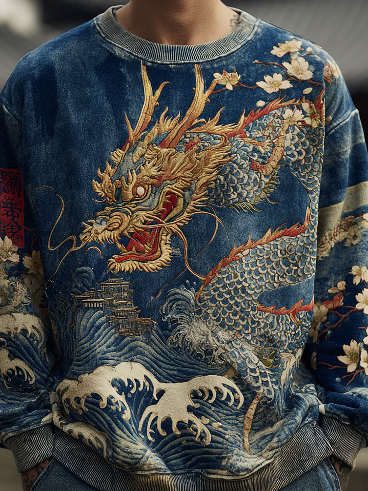 Men's Japanese Wave And Dragon Embossed Art Sweatshirt