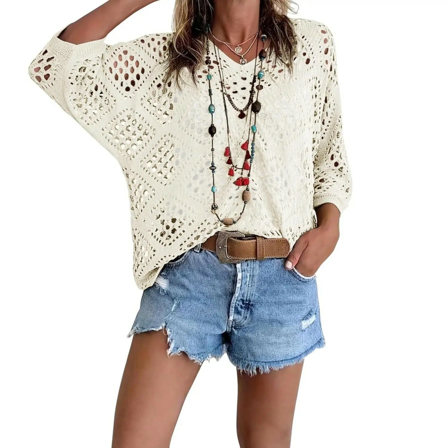 Women's Bohemian-Inspired Beige Crochet Top with V-Neck