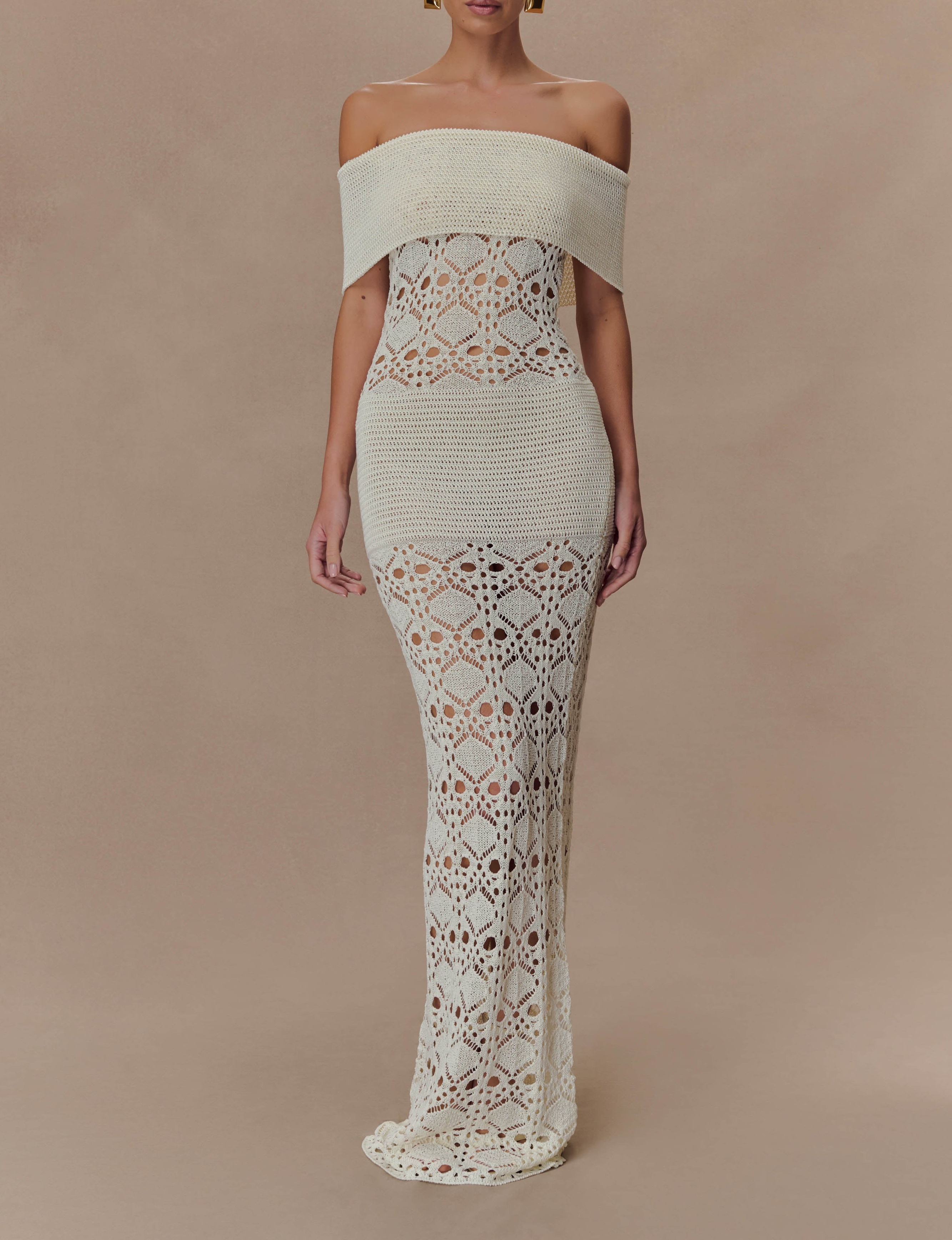 Ivory Off Shoulder Crochet Knit Maxi Dress