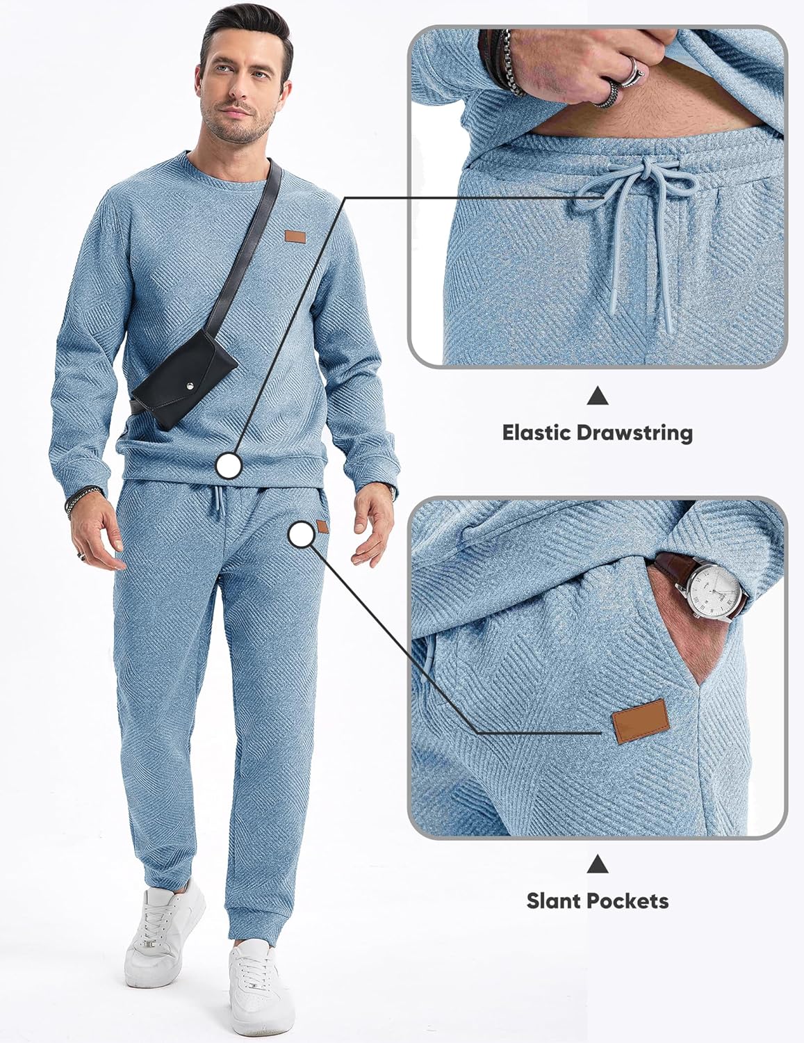 Mens 2 Piece Outfits Knit Jacquard Pullover Sweatshirt Tracksuit & Joggers Sweatpants Sweatsuit Sets with Pockets