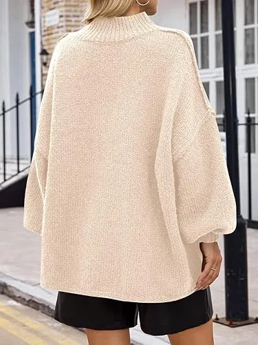 ✨Womens Oversized Mock Neck Batwing Long Sleeve Ribbed Knit Casual Tunic Sweater🔥