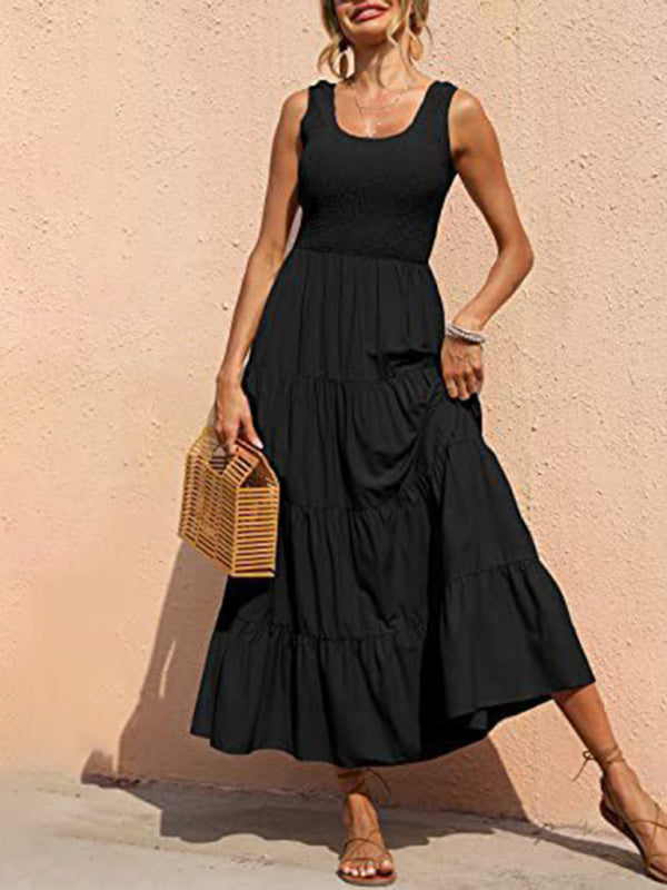 Spaghetti Strap Skirt Pleated Stitching A-Line Large Hem Dress