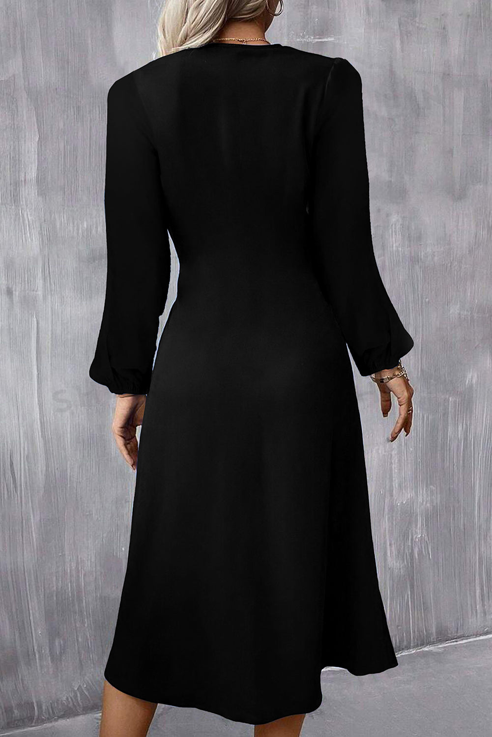 Blackish Green Solid Color Ruched Detail Long Sleeve Midi Dress
