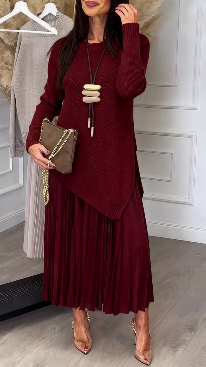 Ladies Inner Mesh Pleated Dress+ Irregular Knitted Sweater Casual Set