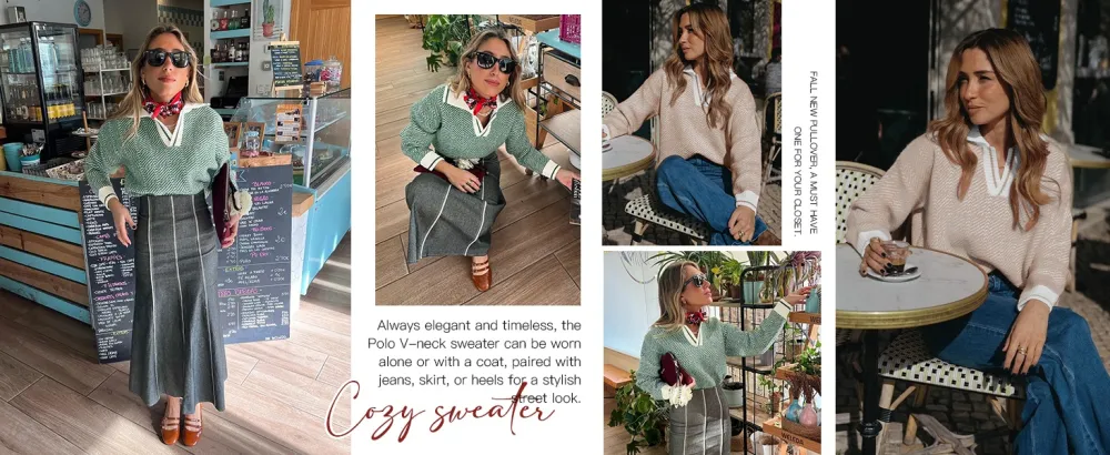 Womens V Neck Knit Sweater Color Block Long Sleeve