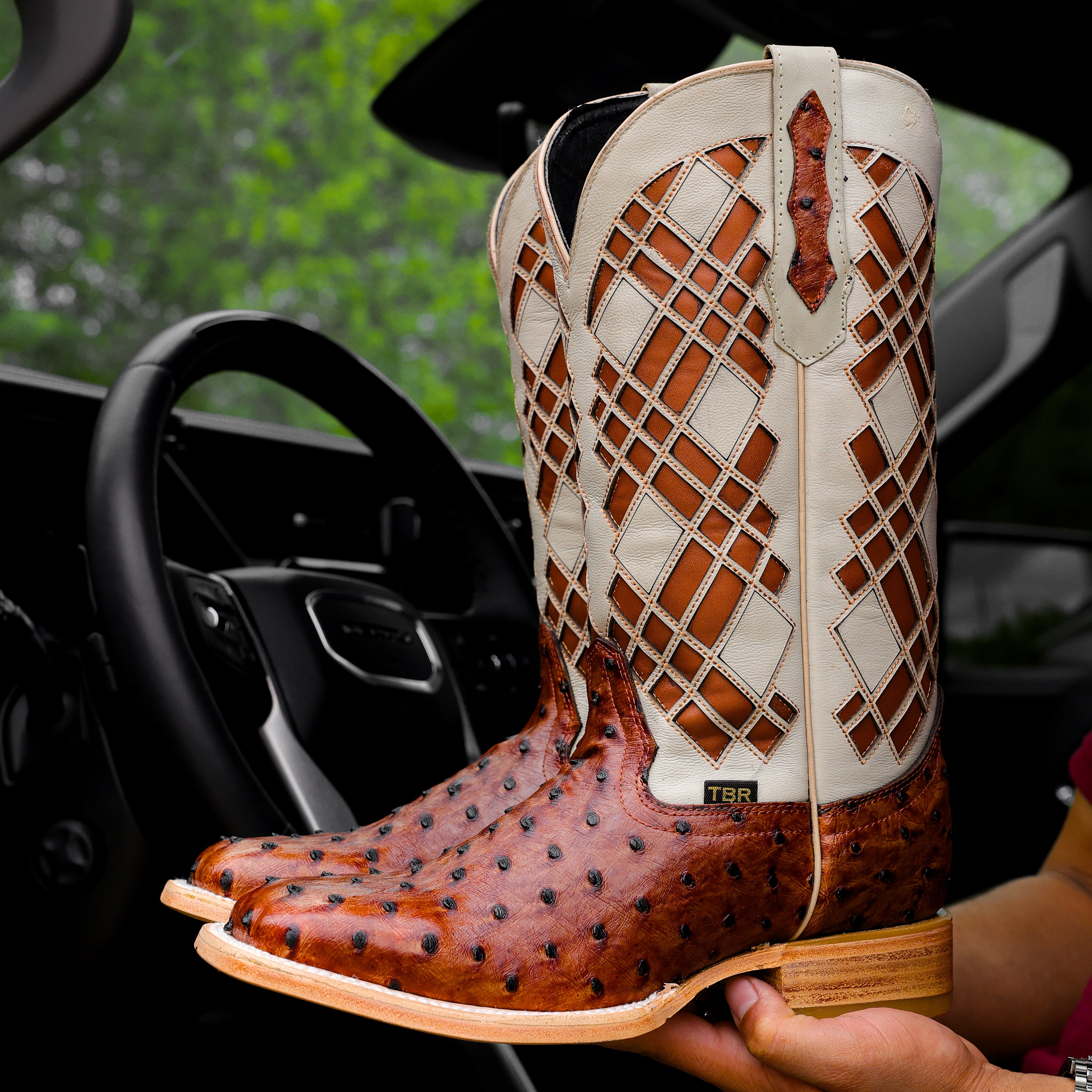 Cognac Ostrich Leather Boots - Square Toe