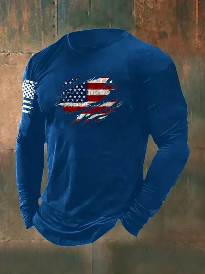 Men'S Retro American Flag Independence Day 250Th Anniversary Commemorative Edition Classic Printed Long Sleeve