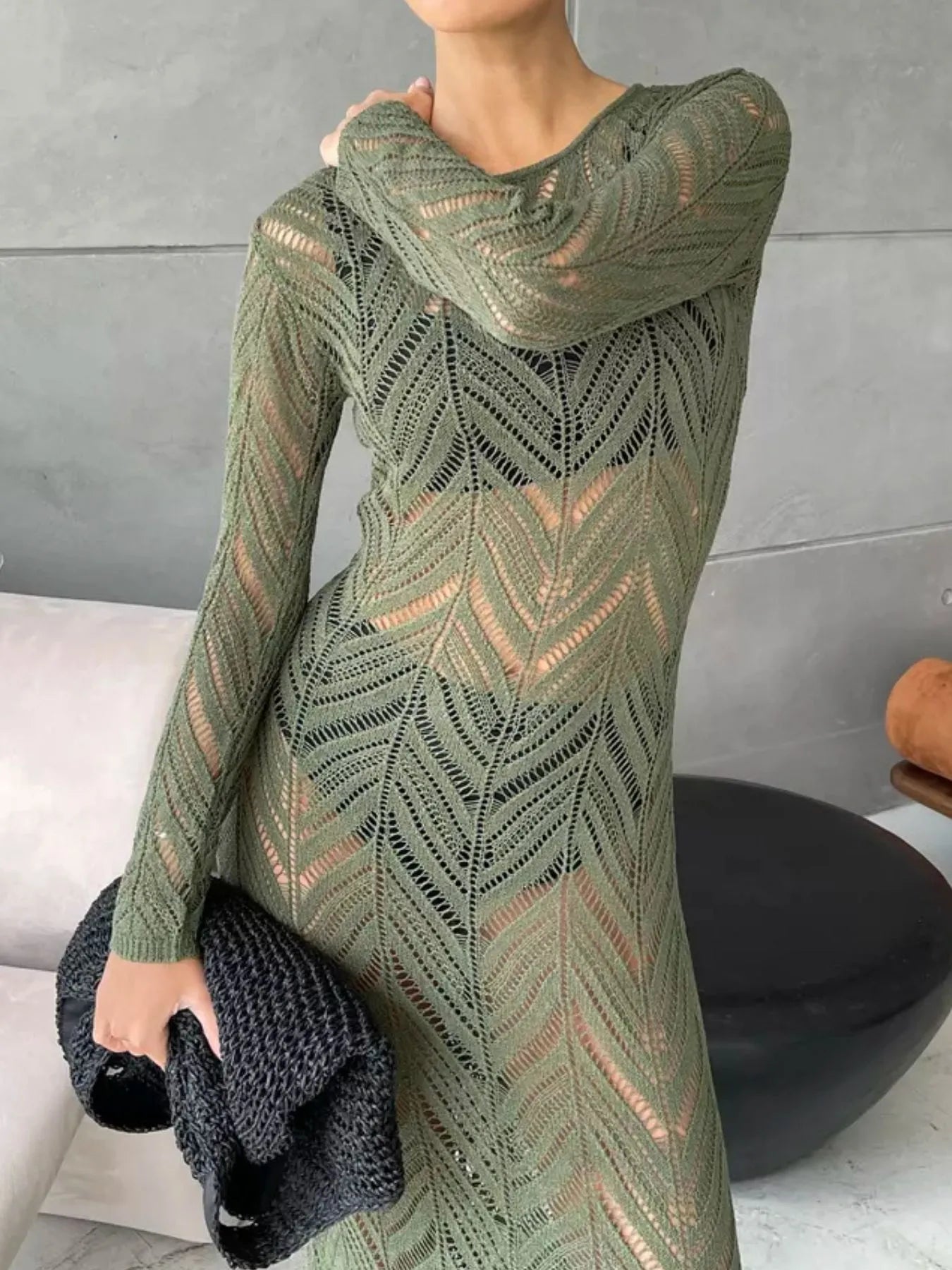 Openwork Long Sleeve Knit Cover Up Dress