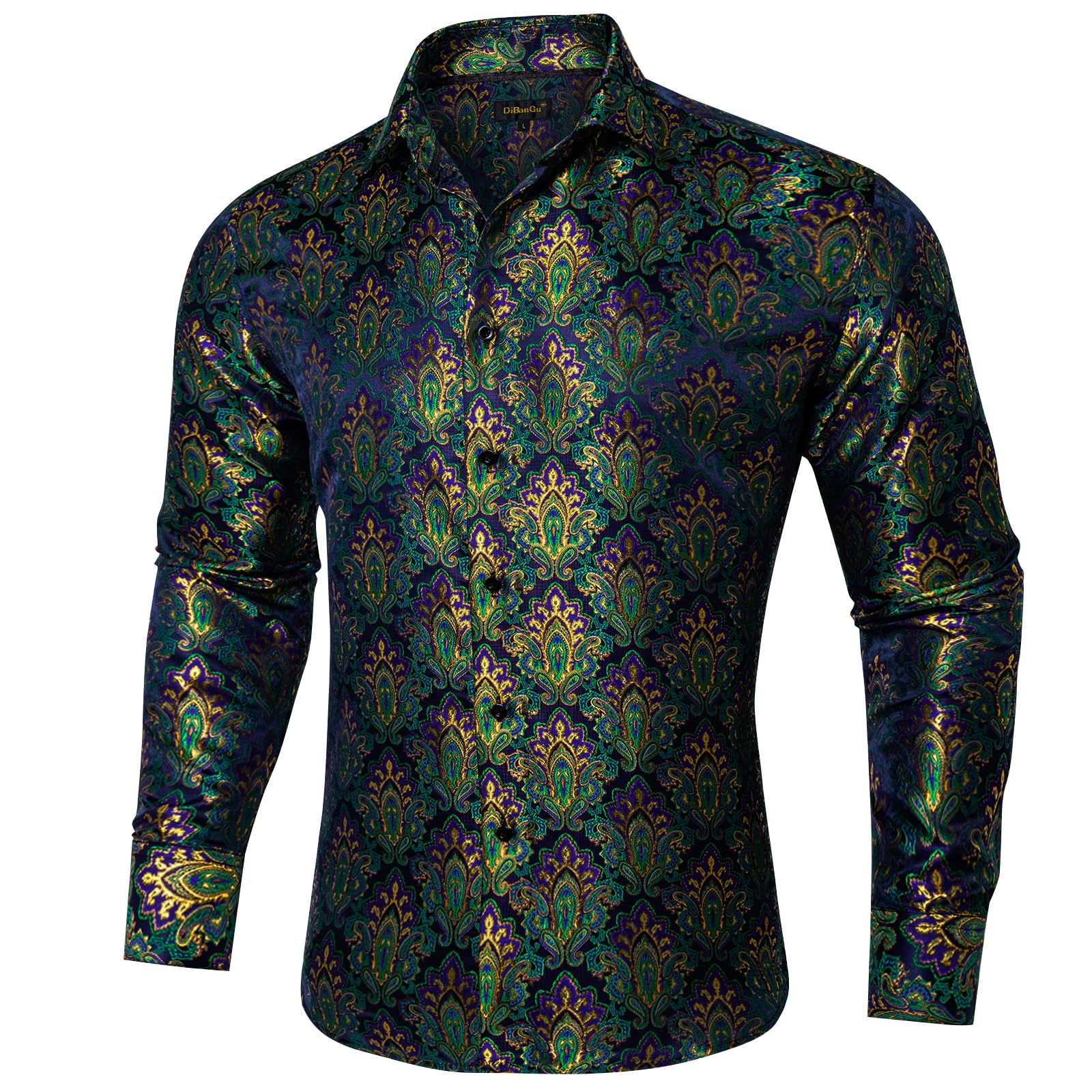 Men's Paisley Dress Shirt Long Sleeve Wrinkle Free Button Down Cowboy Shirts - Green&gold&paisley