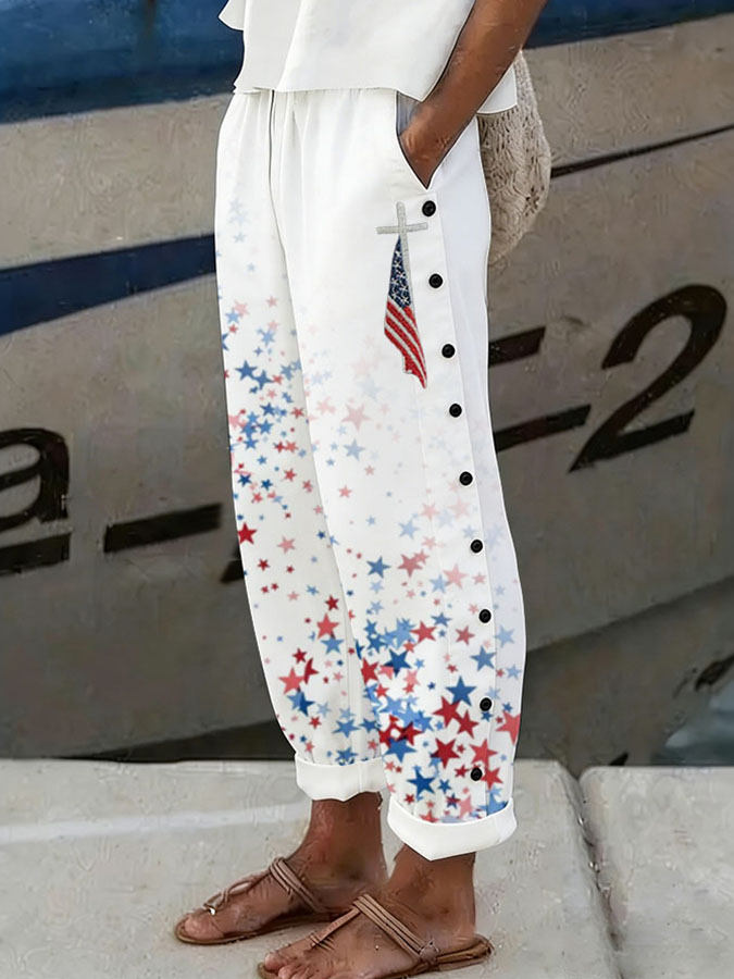 Women'S Casual American Independence Day 250Th Anniversary Printed Casual Button Design Pants