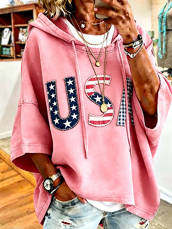 Patriotic Red USA Star Stripe Applique Oversized Hoodie