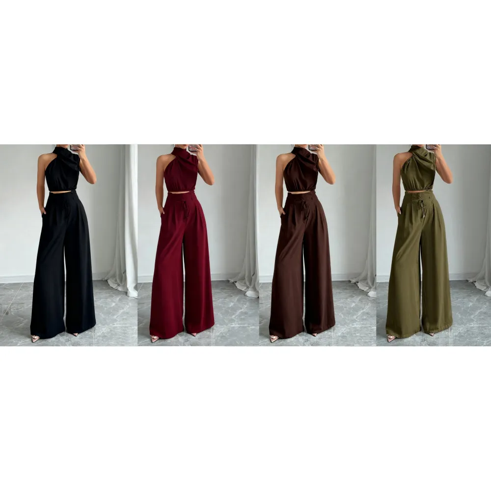 Women's Solid Color Crop Tank Top & Wide Leg Pants Two-piece Set