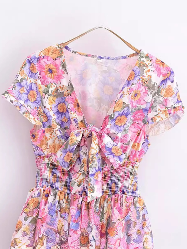 French Floral Chest Tie Waist Stitching A-Line Skirt Short-Sleeved Mini Dress