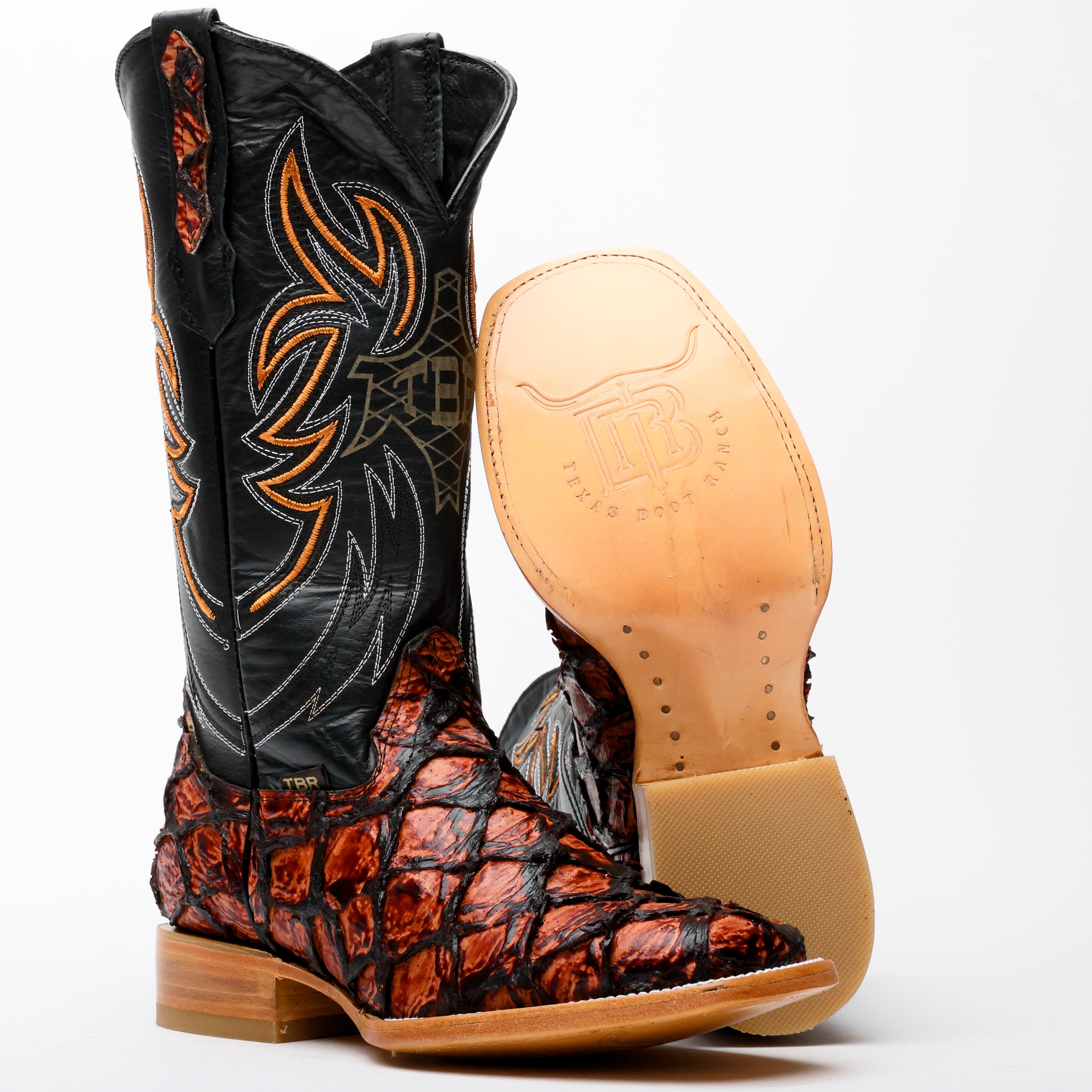 Cognac Jumbo Pirarucu Leather Boots - Square Toe