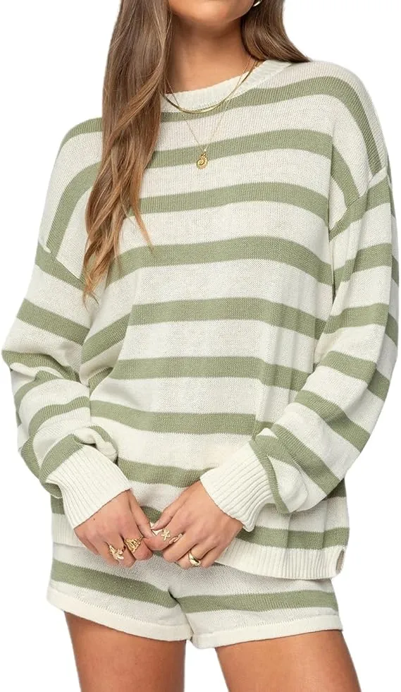 Women Striped Knit Sweater Set 2 Piece Outfit