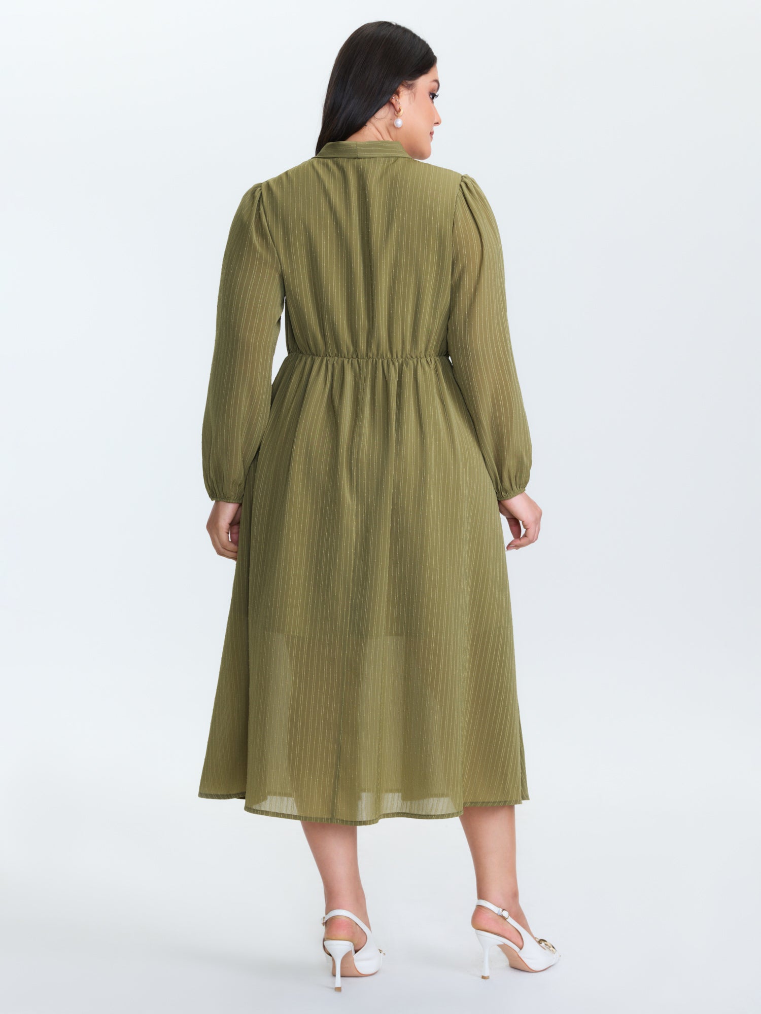 Ribbon Neckline Puffy Sleeve Midi Dress