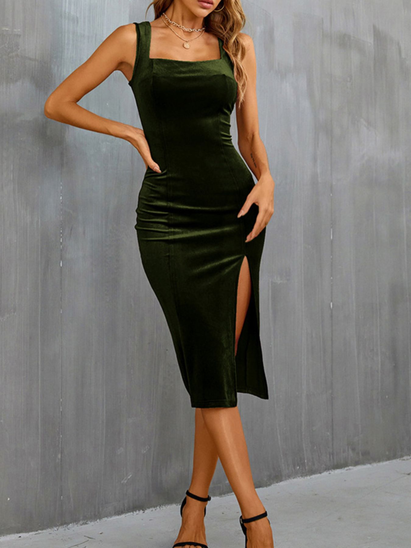 Velvet Slit Wide Strap Midi Dress