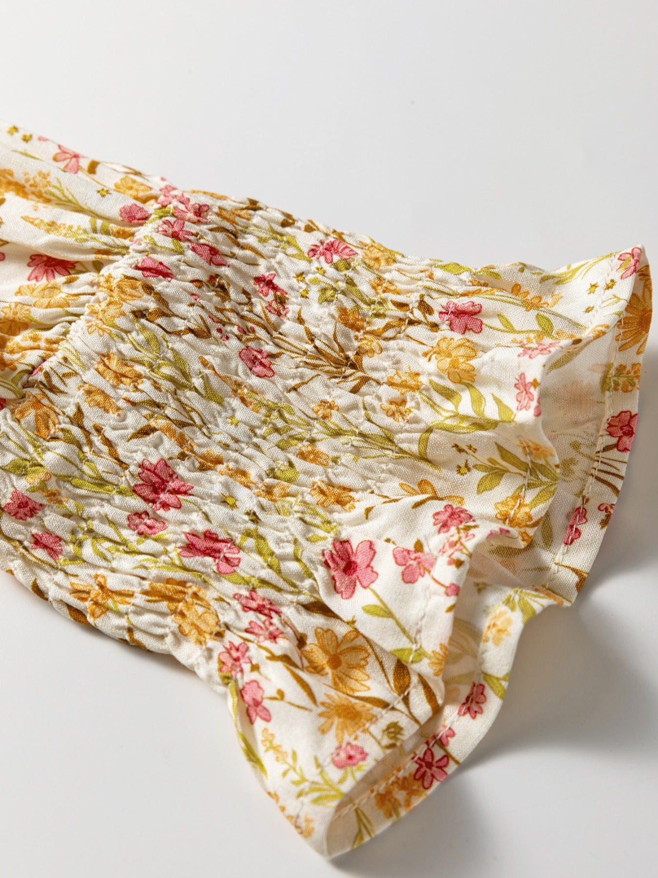 Floral Print Frilly Trim Smocked Cuff Long Sleeve Loose Shirt Dress