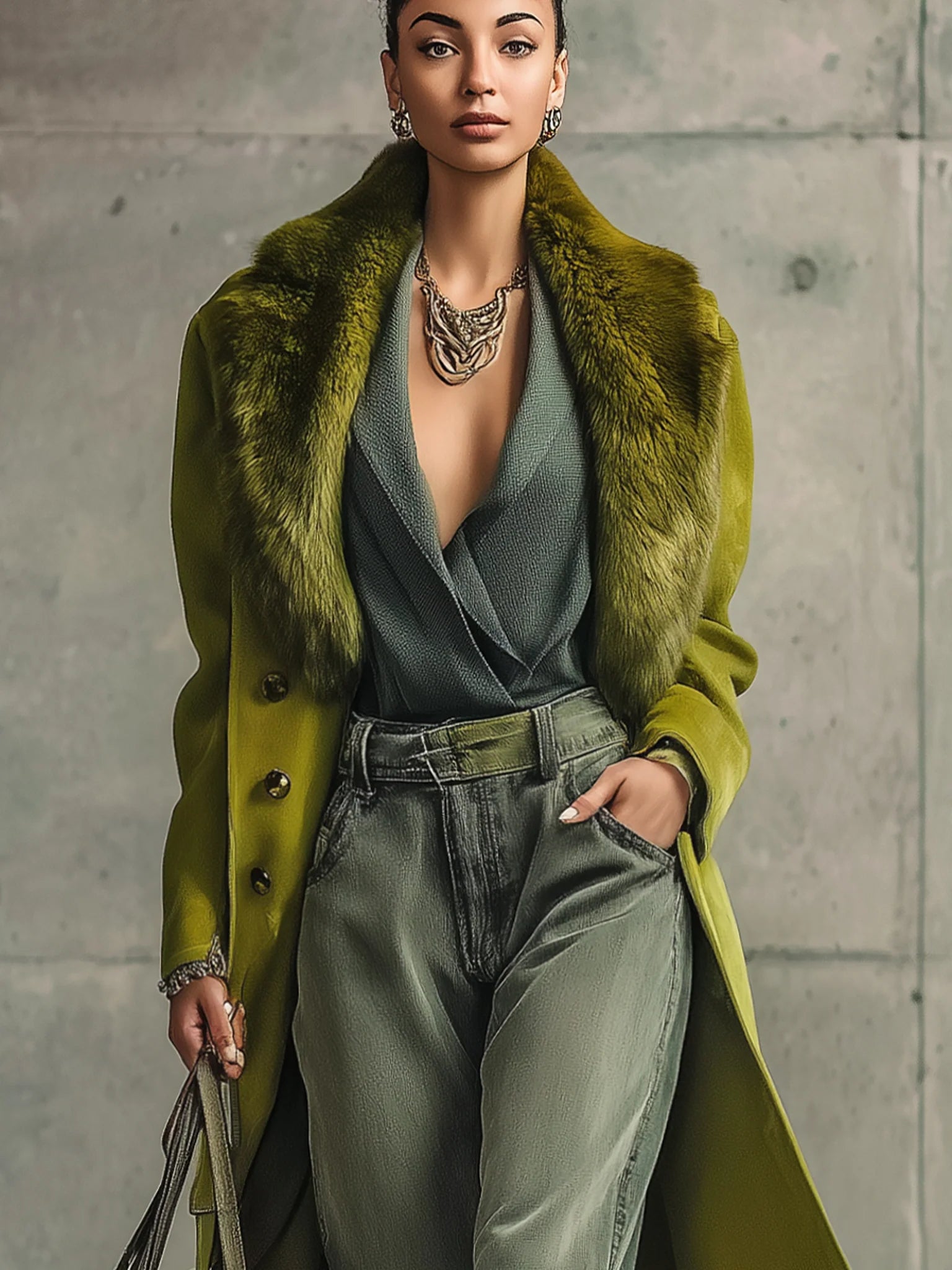Green Wool Blend Fur Collar Coat