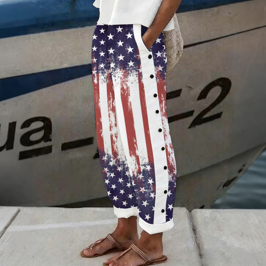 Women'S Casual American Independence Day 250Th Anniversary Printed Casual Button Design Pants
