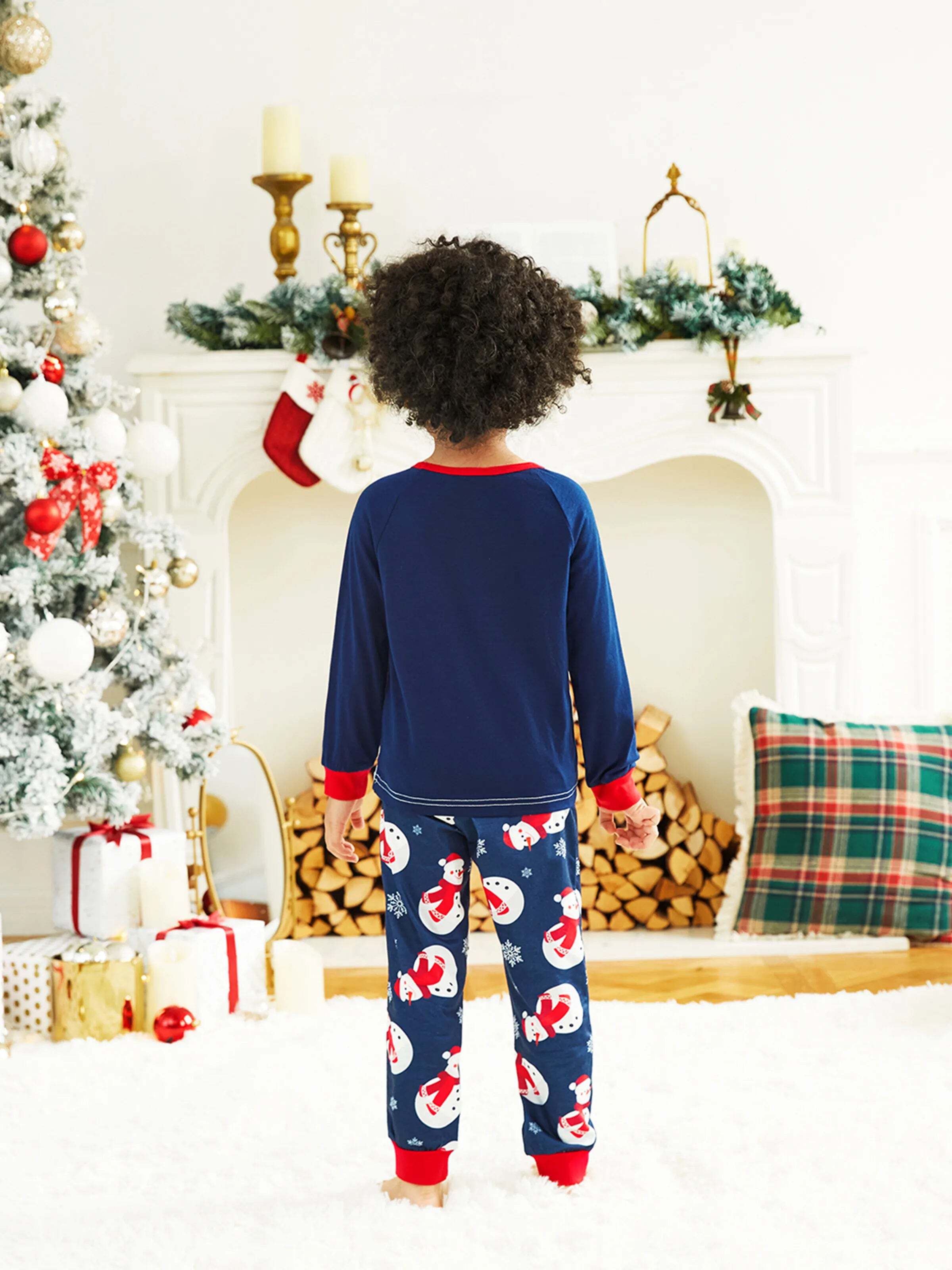 Christmas Snowman & Letter Print Family Matching Raglan-sleeve Pajamas Sets with Christmas Socks ColorBlock