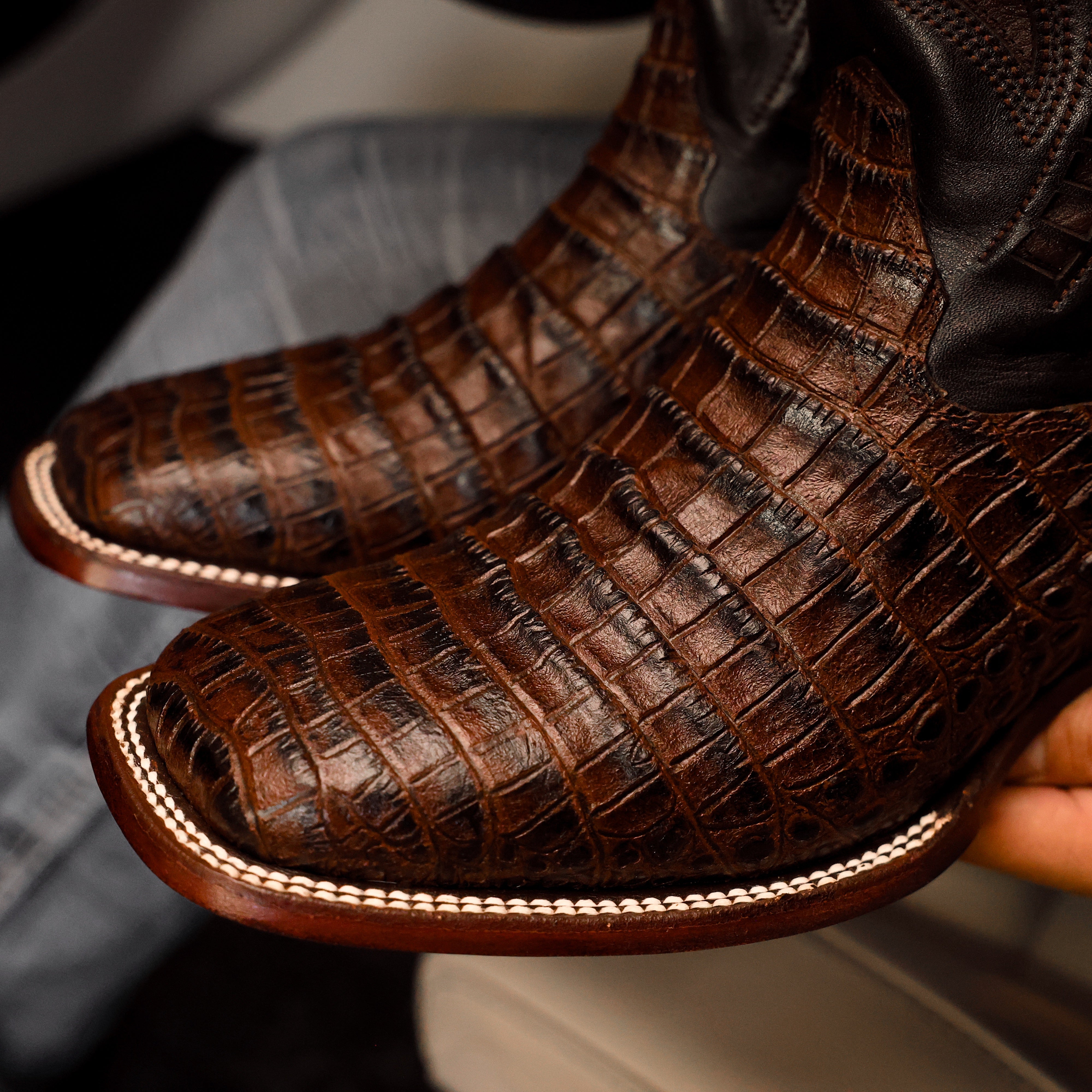 Chocolate Brown Caiman Belly Leather Boots - Square Toe
