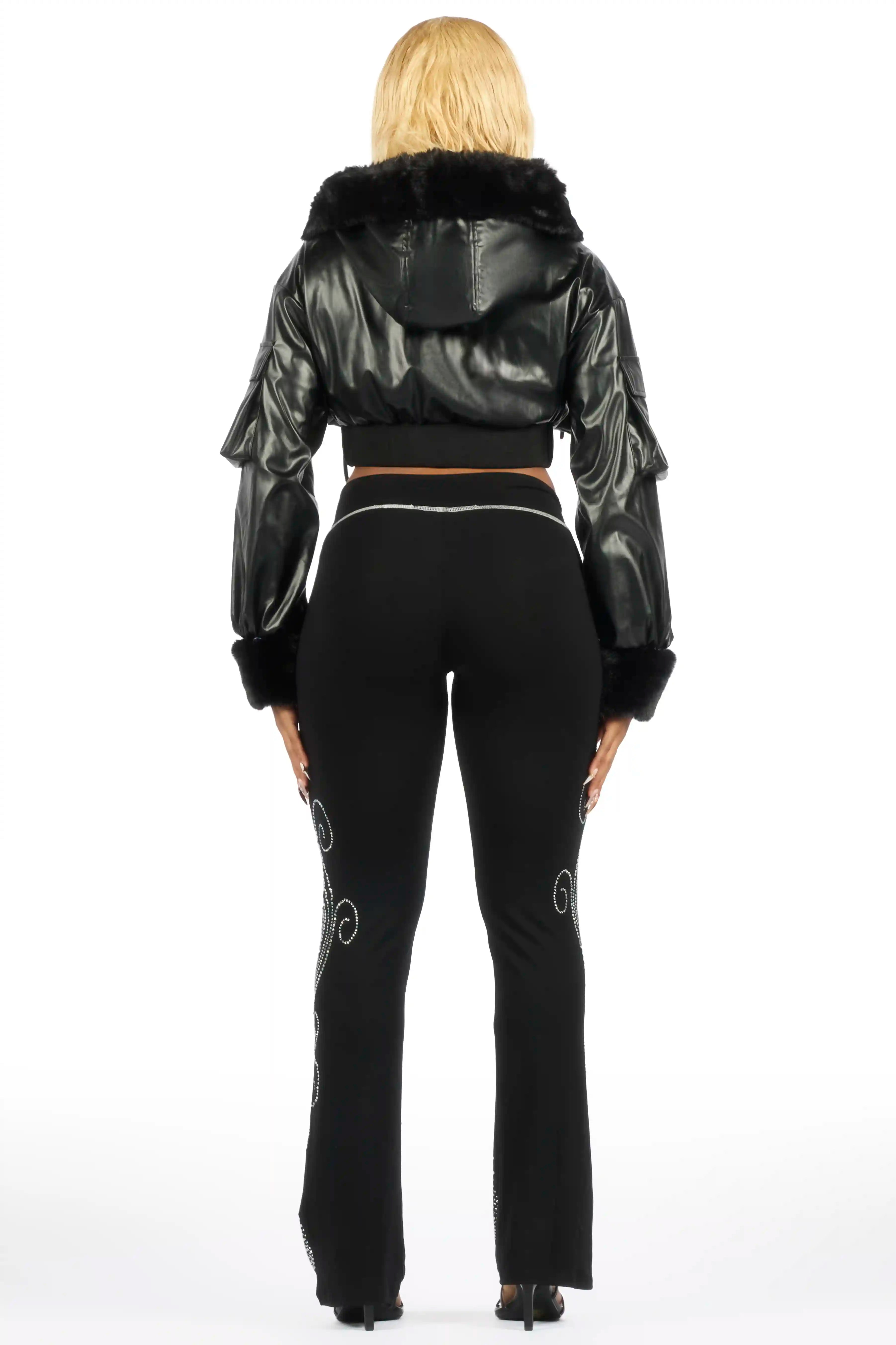 Amyia Black PU Jacket With Fur Hoodd