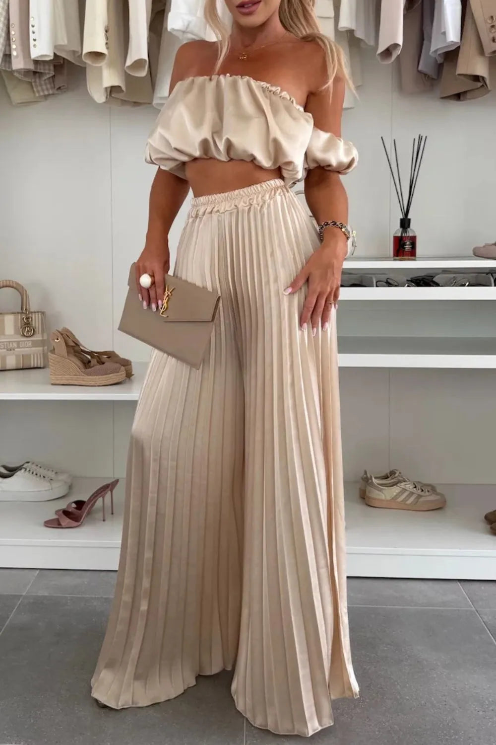Off-Shoulder Top and Pleated Pants Set