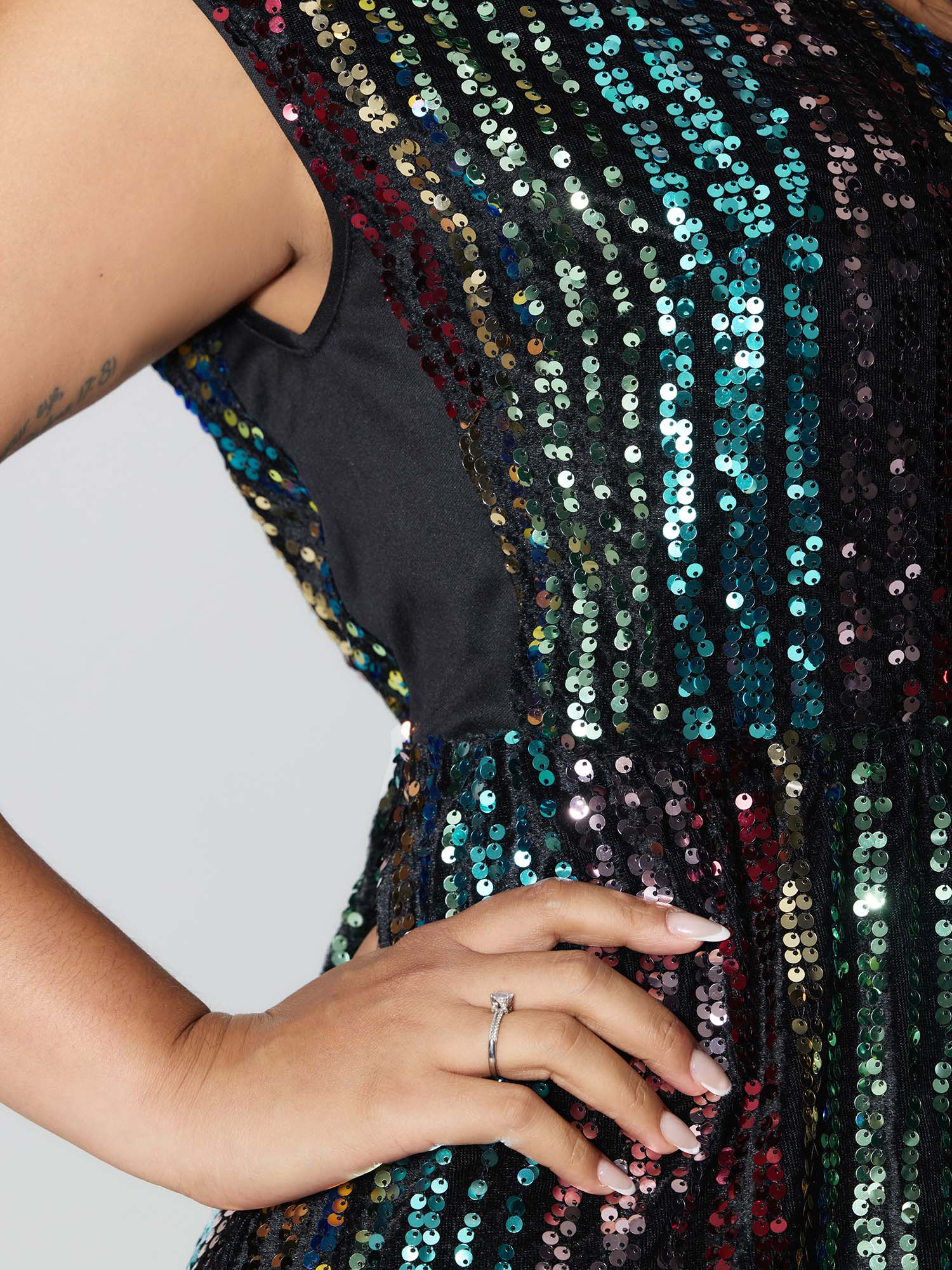 Shimmery Sequin Stripe Cinched-Waist Mini Dress