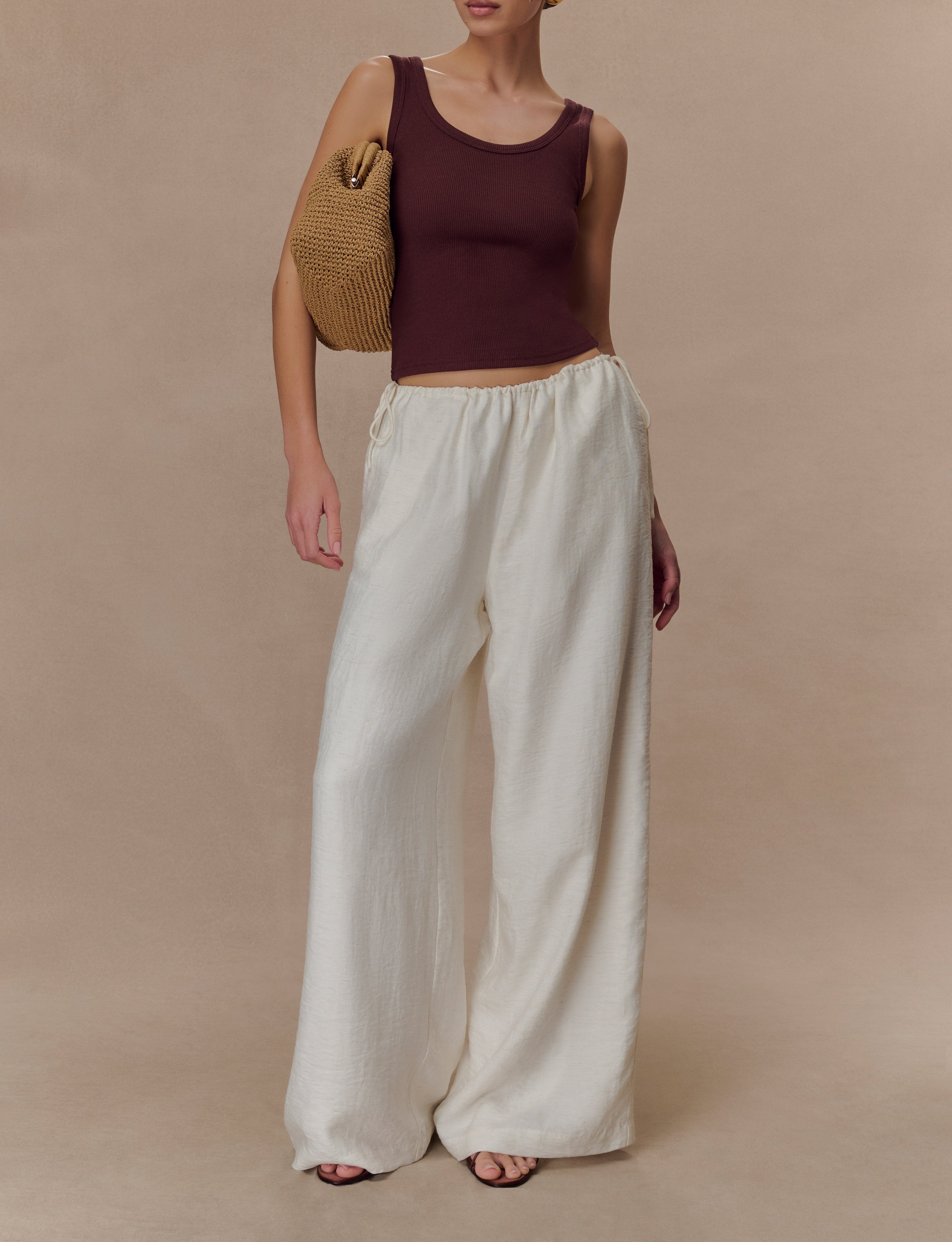 White Drawstring Straight Leg Pants
