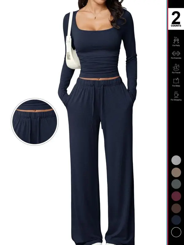 Women’s 2-Piece Lounge Set Square Neck Crop Top & Wide Leg Pants