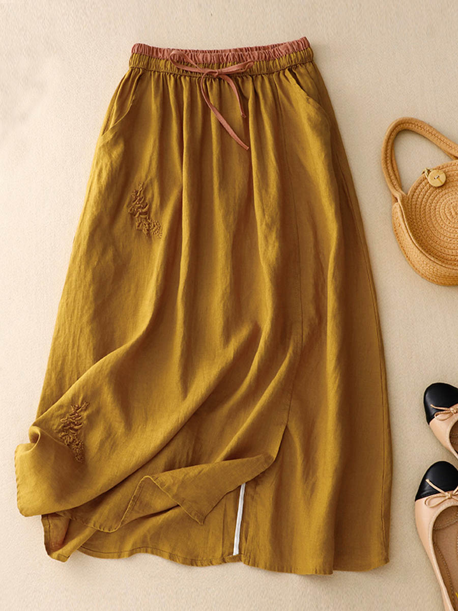 Women's Artistic Embroidery Elastic Waist Colorblock A-Line Loose Linen Skirt