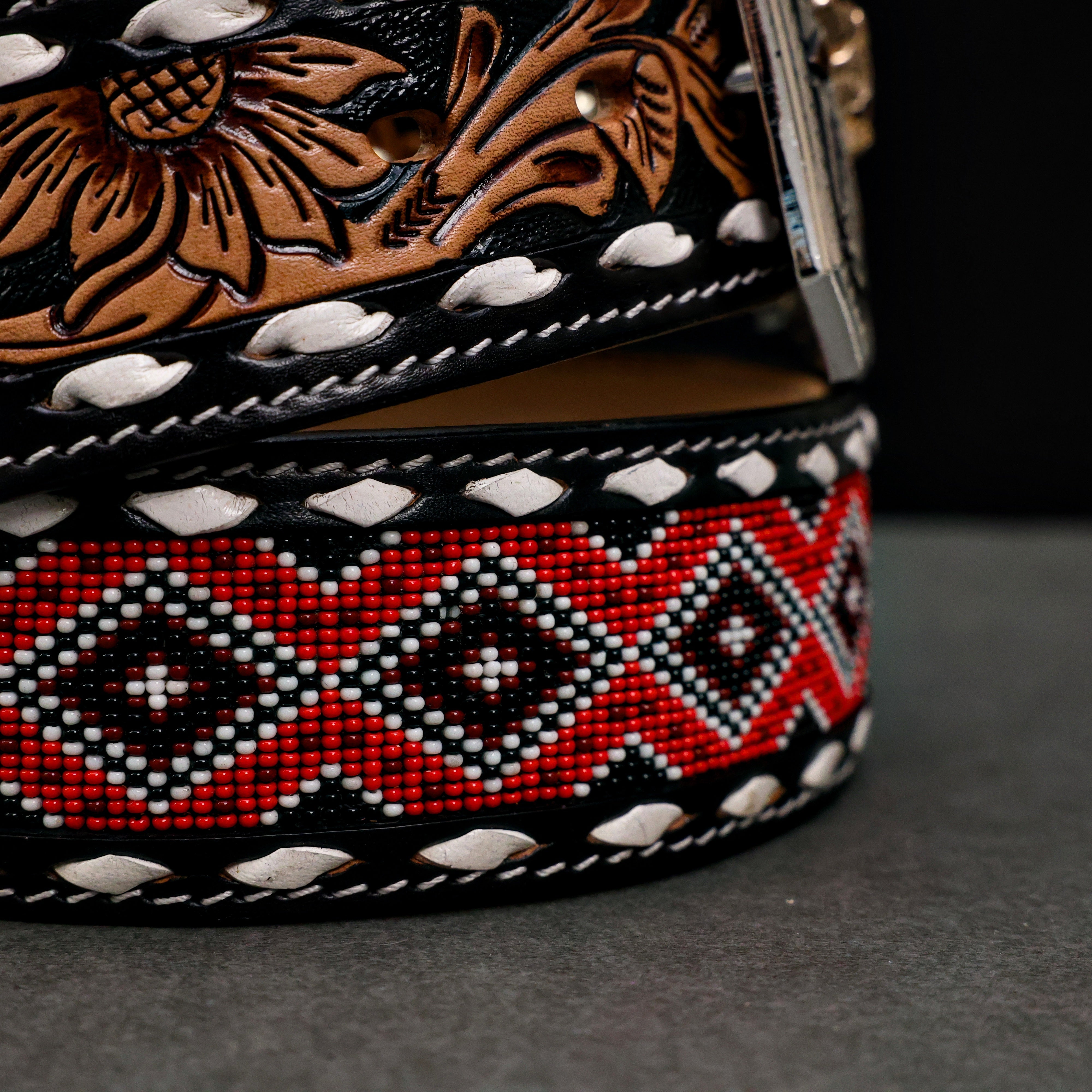 2 Inch Hand-Tooled Artesanal Beaded Leather Belt