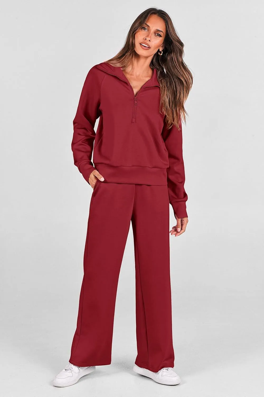 🔥Final Day Clearance!🛒Women's 2 Piece Outfits Casual Lapel Half Zip Sweatshirts And Wide Leg Pants Tracksuit Sets🔥8-PACK ONLY $28🔥