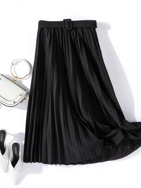 Pleated Skirt Mid-Length High Belt Versatile A-Line Skirt