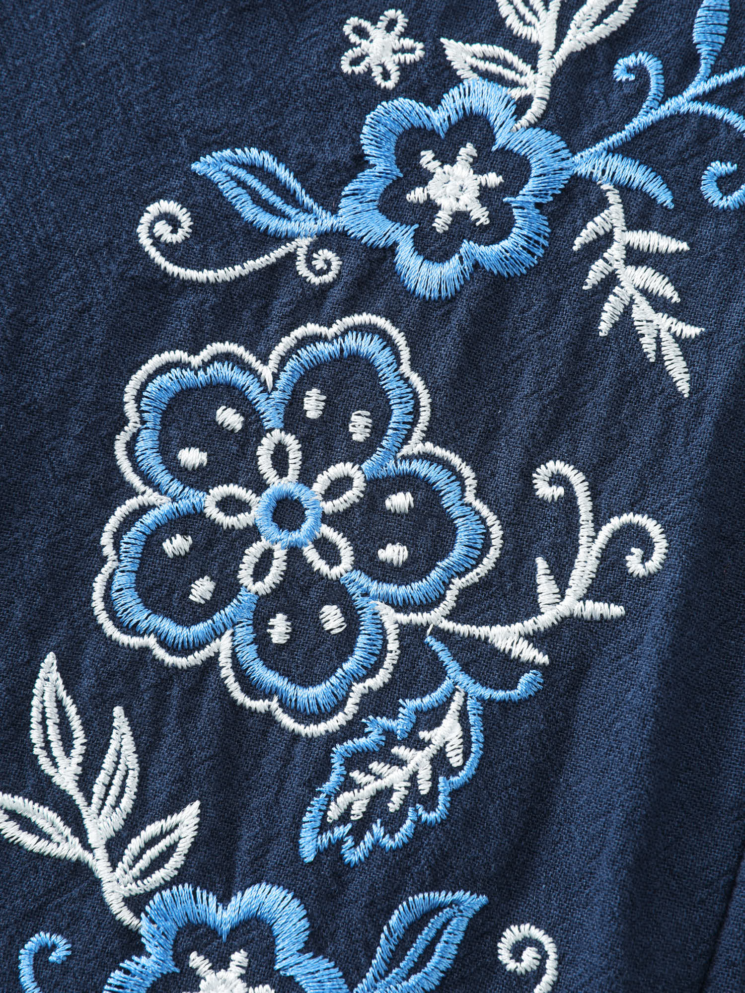 Cotton Floral Embroidery Notched Collar Mini Dress