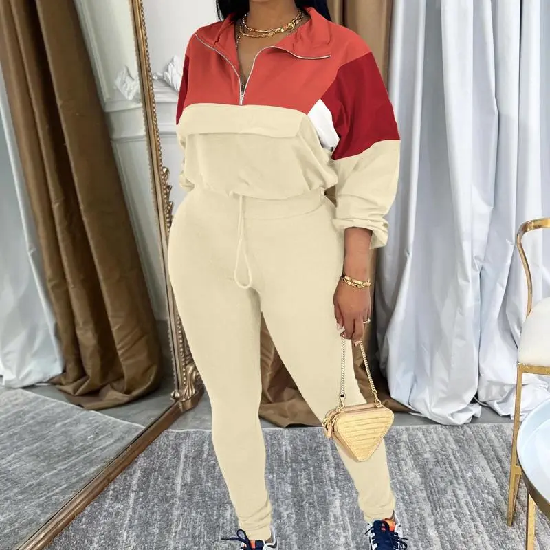 Women's Two Piece Outfits Knit Zip Top Jacket & Elastic Waistband Pant