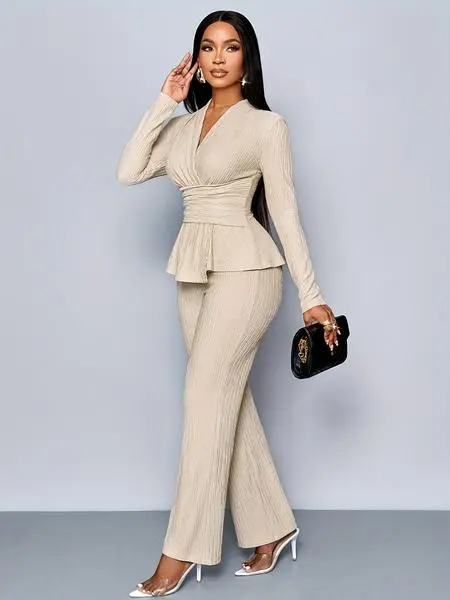Elegant V-Neck Long Sleeve Top & Wide Leg Pants Set
