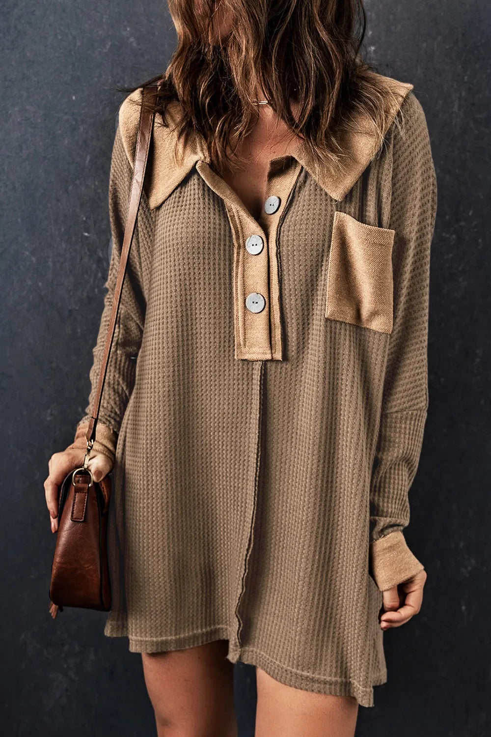 Waffle Knit Button Front Dress