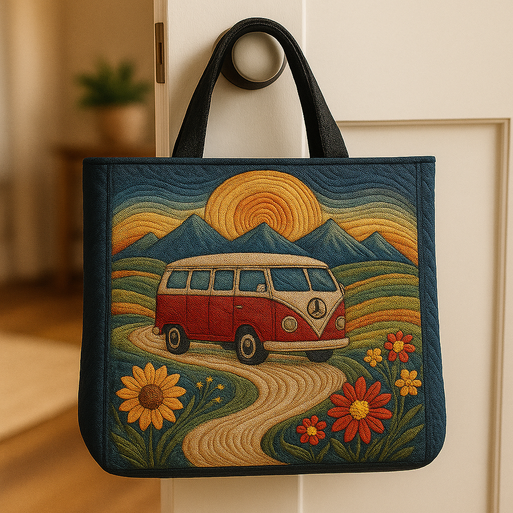 Sunrise Road Trip — Vintage Camper Quilted Tote Bag ✨🚐