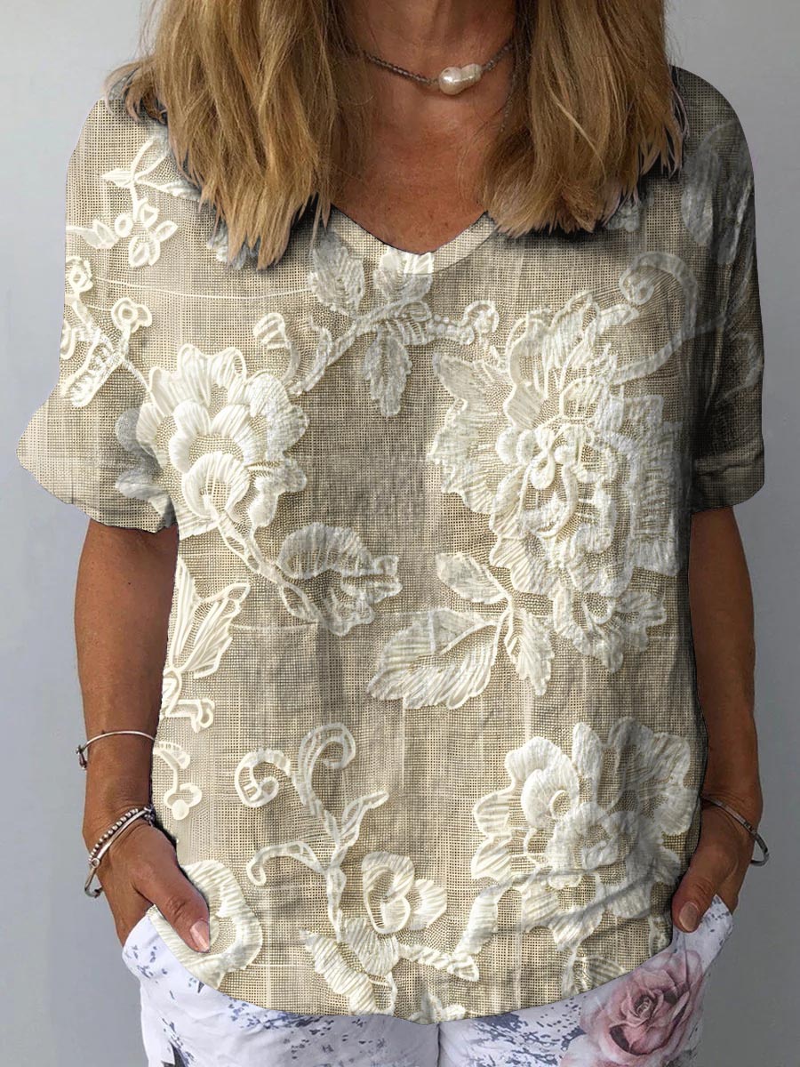 Women's Vintage Lovely Floral Art Print Casual Cotton And Linen Shirt