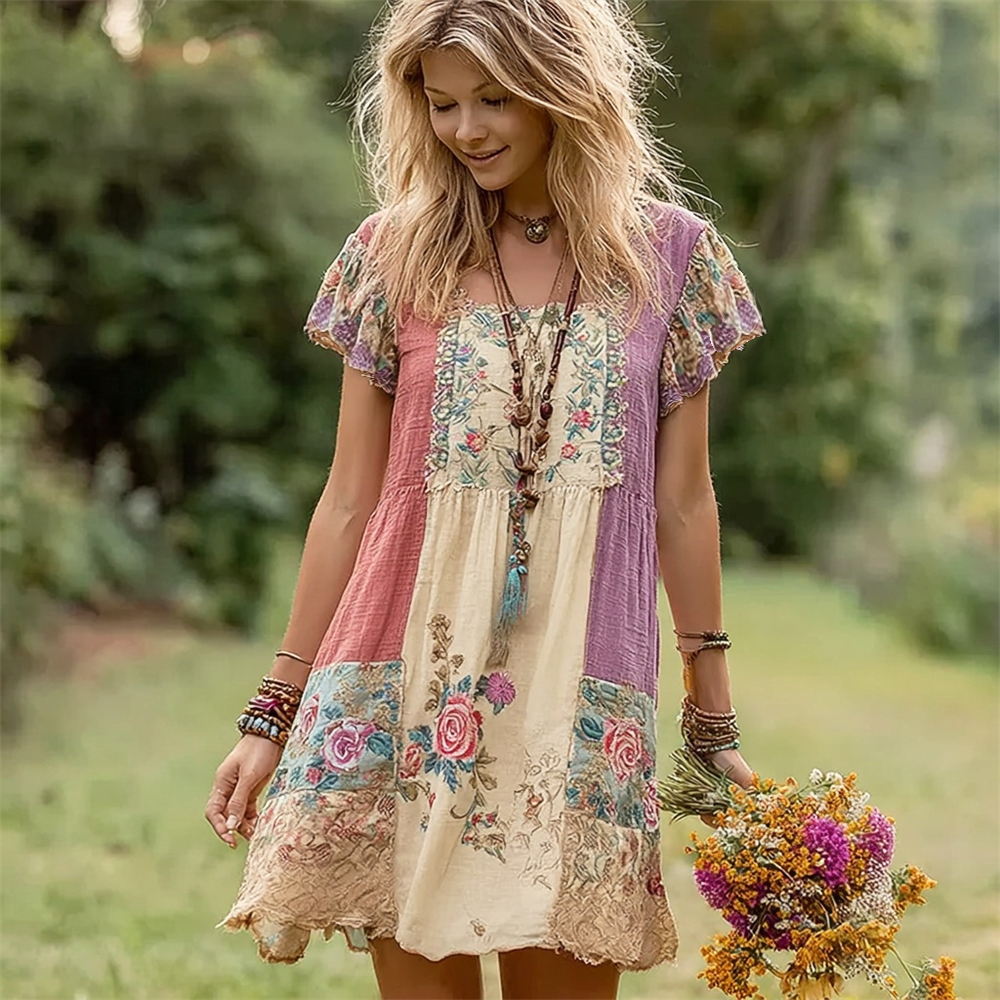 Boho Floral Patchwork Art Women's Linen Short Sleeve Mini Dress