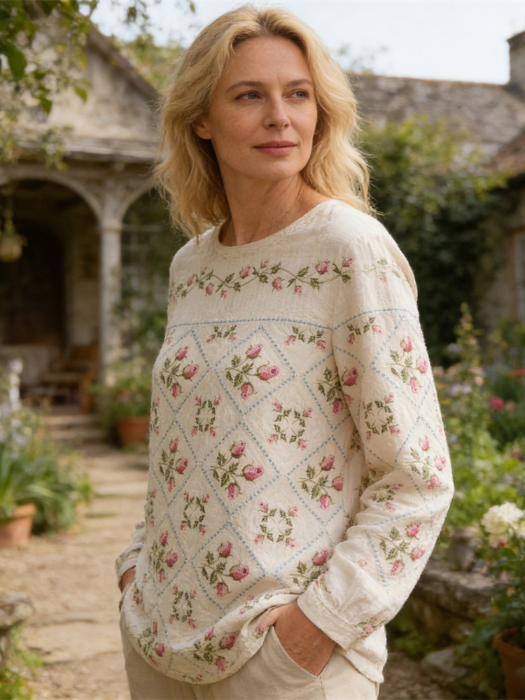 Vintage Rustic Floral Pattern Women's Linen Long Sleeve Shirt