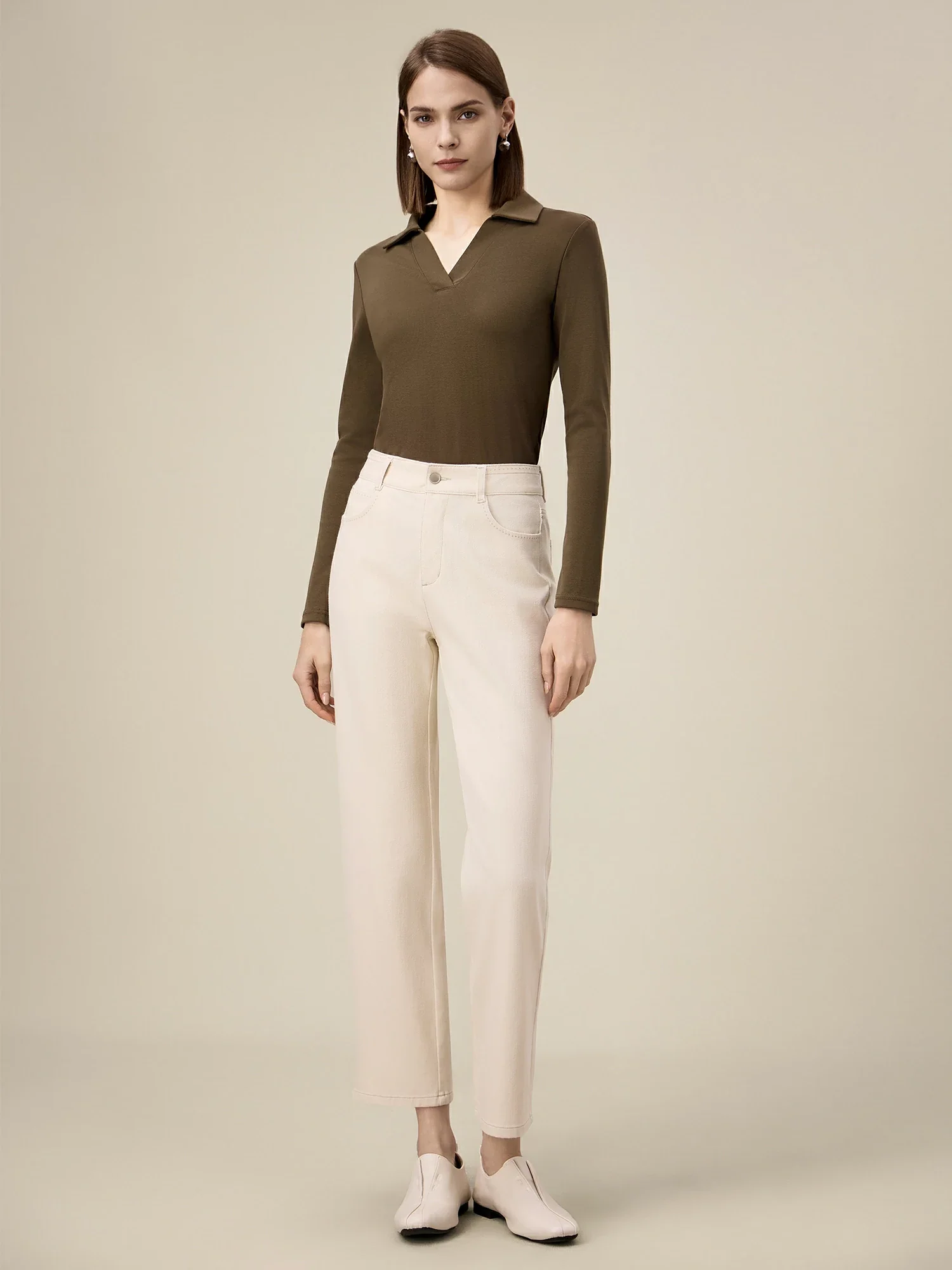 Women's  69.6% Cotton Polo Collar Long Sleeve Top