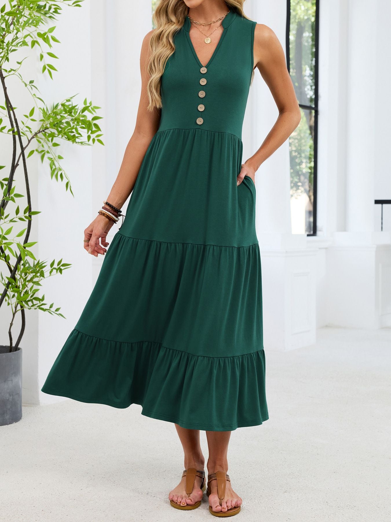 Ruffled Notched Tiered Midi Dress