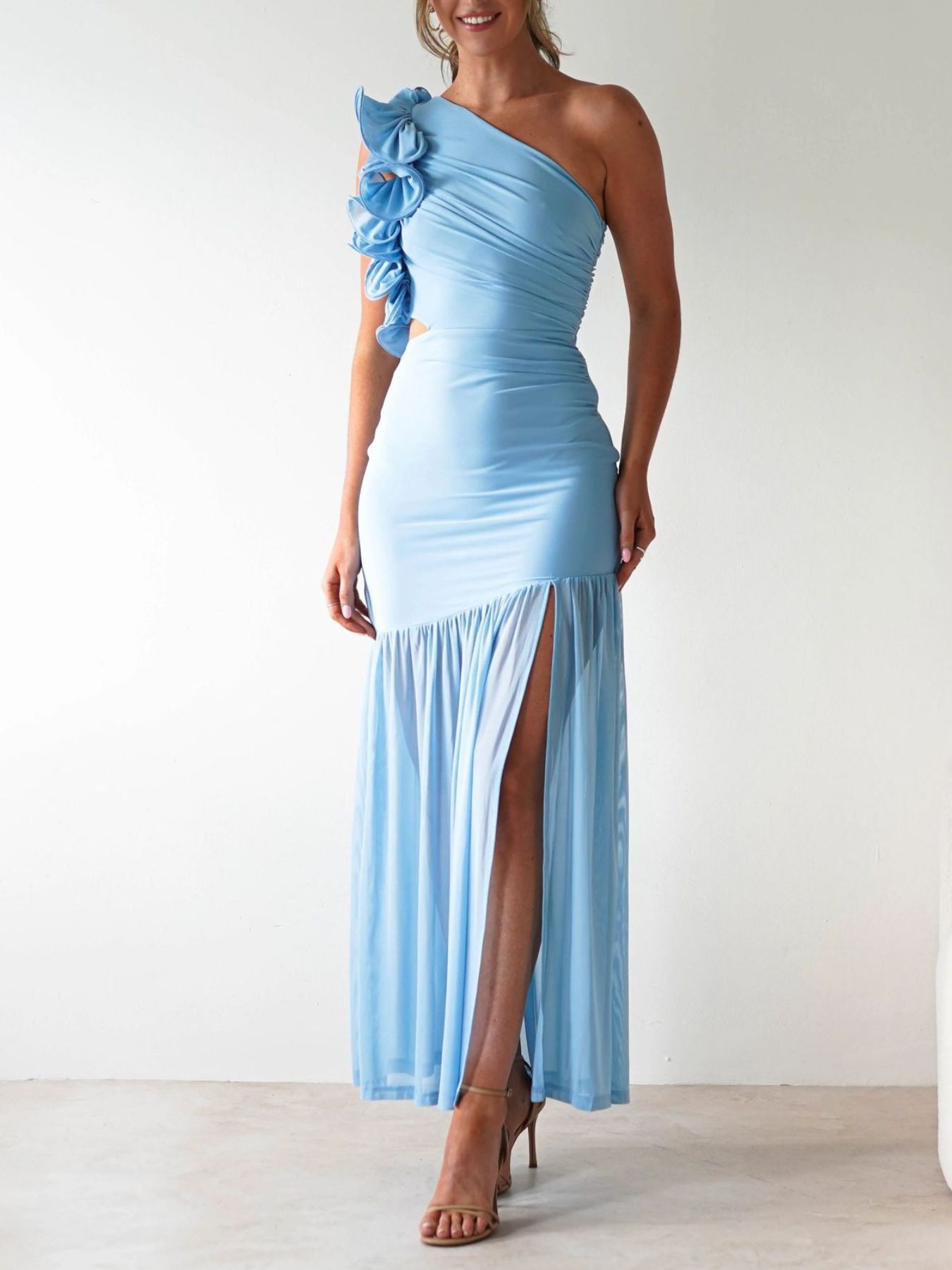 One-Shoulder Ruffle Trim Maxi Dress