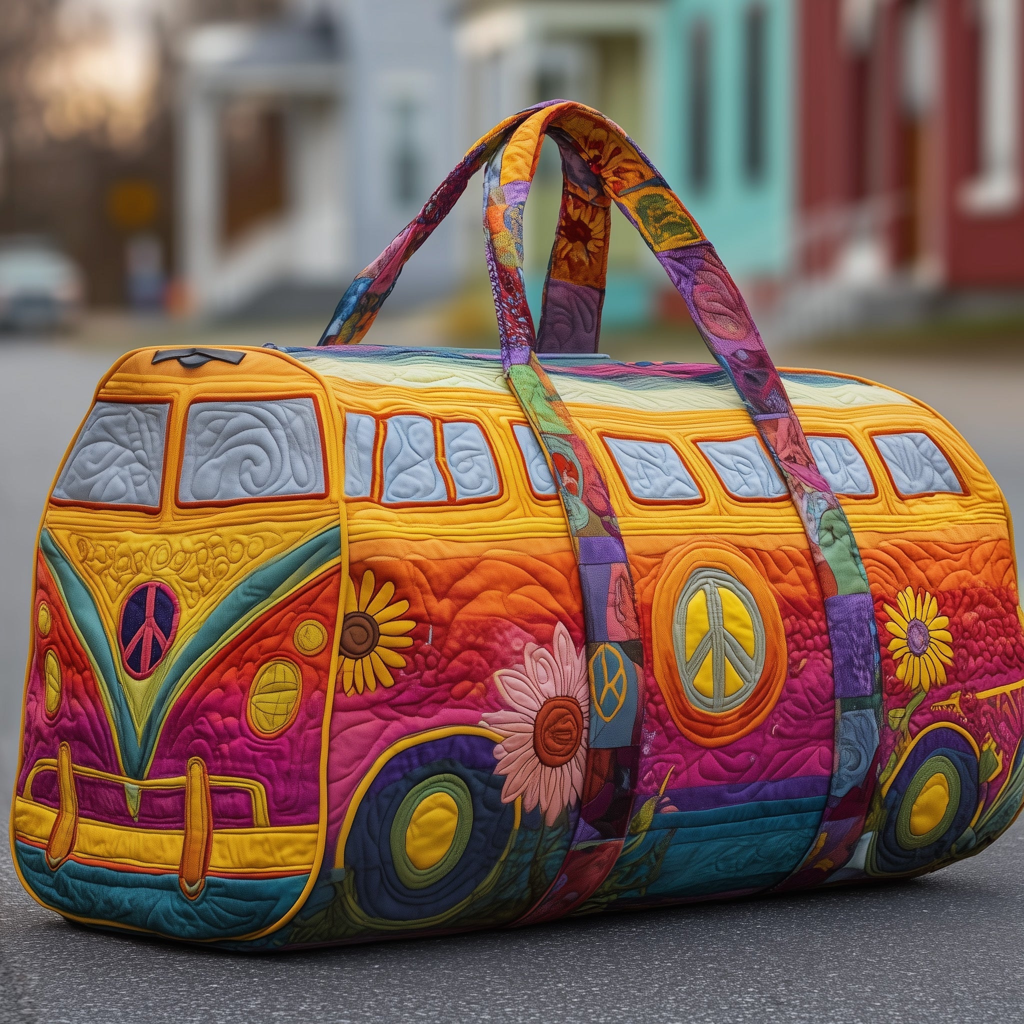 Hippie Van Quilted Duffle Bag – Retro Colorful Travel & Weekender Bag