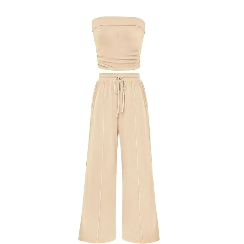 Womens Summer Outfits 2 Piece Sets Casual Ribbed Knit Crop Tube Top Wide Leg Pants